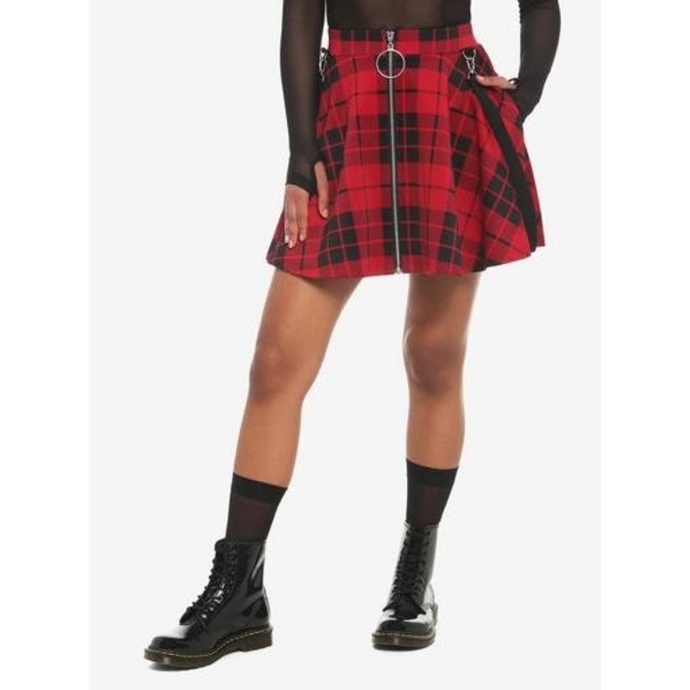 Hot Topic Red Black Plaid Zipper Skater Skirt Bondage Straps Punk Goth XS